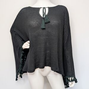 Y2K Charcoal Gray Tie Neck Poncho Sweater With Tassel Fringe Trim